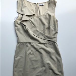 Calvin Klein Dress In Tan w/ Shoulder Ruffle